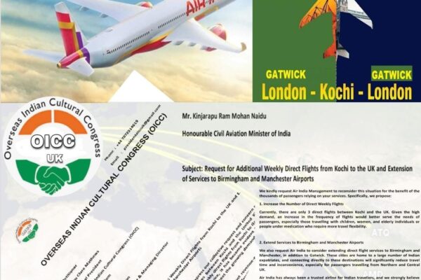 OICC (UK) Requests Increase in Air India Flights and Extension to Birmingham/Manchester; നിവേദനം സമർപ്പിച്ച് ഒ ഐ സി സി (യു കെ); ഉടനടി ഇടപെട്ട് കെ സുധാകരൻ എംപി